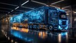 © evannovostro - Truck model with glowing wire-frame neon lines, High-tech fast big data transfer concept