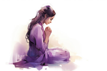 Wall Mural - Indian woman in purple sari cloth praying, greeting diwali watercolour