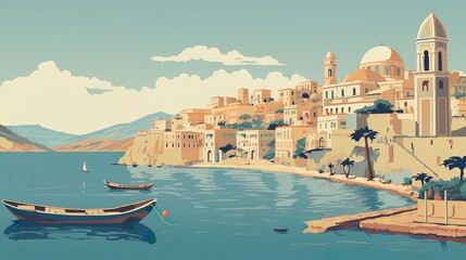 Vintage Sicily Poster in Vector Style with Flat Colors, Generative AI