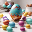 Group of Easter eggs colorful big shot on white table 