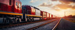 Freight train transporting cargo railroad tracks view background with empty space for text 