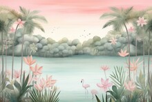 Tropical Jungle Lake Sunset In Magical Watercolor Landscape Style