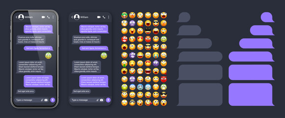 Smartphone messaging app, user interface with emoji. SMS text frame. Chat screen, violet message bubbles. Texting app for communication. Social media application. Dark mode. Vector illustration