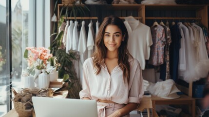 Wall Mural - Beautiful woman clothing store owner standing at her shop for selling clothes to customers, Startup small business SME.