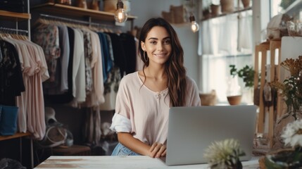 Canvas Print - Beautiful woman clothing store owner standing at her shop for selling clothes to customers, Startup small business SME.