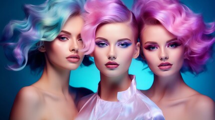 Wall Mural - Three beautiful girls with hair coloring in pink and blue. Stylish hairstyle curls done in a beauty salon. Beauty, cosmetics and makeup . Beautiful girl in a neon light, blue and violet colors. 