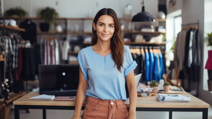 Sticker - Beautiful woman clothing store owner standing at her shop for selling clothes to customers, Startup small business SME.