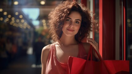 Wall Mural - Happy young woman with shopping bags walking in the mall on Black Friday for shopping.