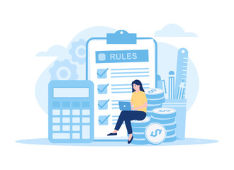 Wall Mural - A woman sitting on coins and calculates income business concept flat illustration