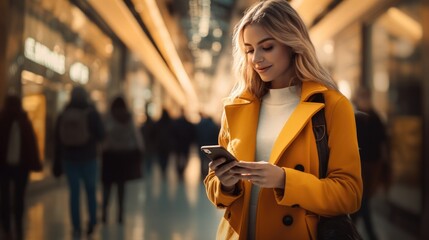 Canvas Print - Happy young woman with shopping bags walking in the mall on Black Friday for shopping.