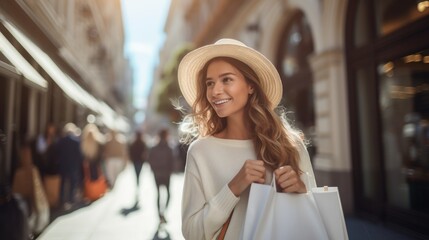 Canvas Print - Happy young woman with shopping bags walking in the mall on Black Friday for shopping.