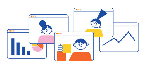 Wall Mural - video conference of remote workers from home, online team call, happy smiling men and women have mee
