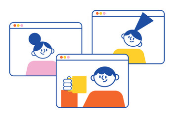 Wall Mural - video conference of remote workers from home, online team call, happy smiling men and women have mee