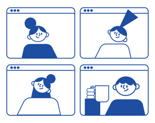Wall Mural - video conference of remote workers from home, online team call, happy smiling men and women have mee