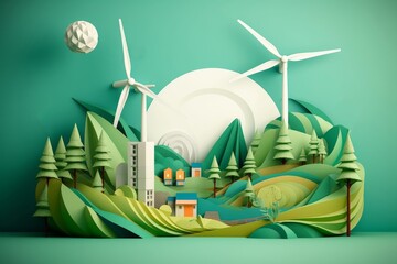 Paper art , renewable energy with green energy as wind turbines ,  Renewable energy by 2050 Carbon neutral energy , Energy consumption and CO2,  Reduce CO2 emission, Generative AI