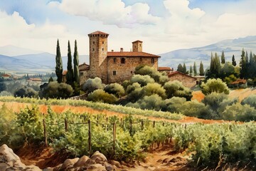 Detailed Watercolor Painting of Tuscan Landscape, Generative AI