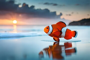 a closeup view of Clownfish, in clean and clear water ,with lumenious view