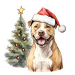 © MelissaMN - Happy pitbull dog wearing a santa hat, posing in front of a Christmas Tree