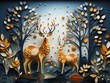 Modern living room with 3D dark gold deer forest on the wall generative ai