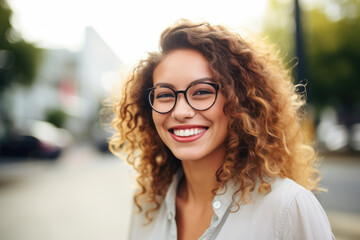 Wall Mural - Portrait of happy young woman wearing glasses outdoors	