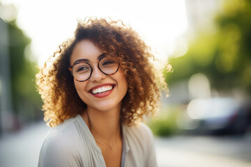 Portrait of happy young woman wearing glasses outdoors	