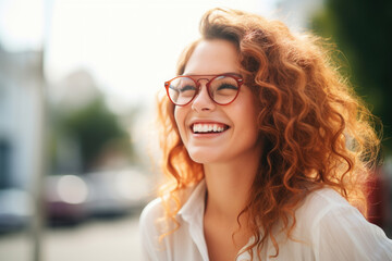 Wall Mural - Portrait of happy young woman wearing glasses outdoors	