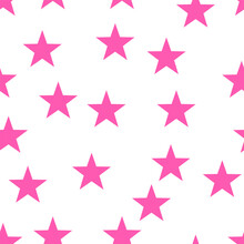 Seamless  Pattern With Pink Stars On White Background. For Wrapping Paper, Fabrics, Kids Clothes, Festive Packaging