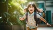 © thesweetsheep - Back to school. Cute asian child girl with backpack run to school