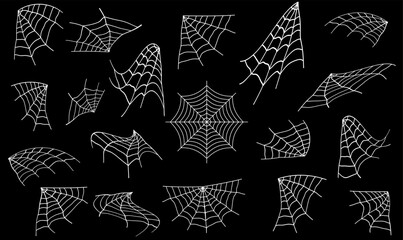 Spider web set. Halloween hand drawn cobweb collection.Spiderweb icon.Isolated on black background