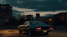 Vintage Muscle Car Parked On The Street At Night. 80s Styled Synthwave Retro Scene With Powerful Drive In Evening.