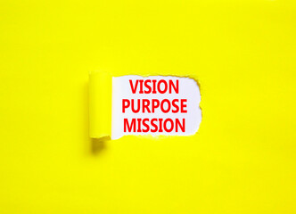 Vision purpose mission symbol. Concept word Vision Purpose Mission on beautiful white paper. Beautiful yellow table yellow background. Business motivational vision purpose mission concept. Copy space.
