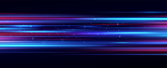 Wall Mural - Red and blue speed lines. Speed ​​of acceleration and movement. Light trails, motion blur effect. Night lights in blue and red.