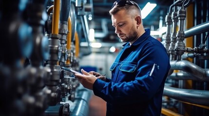 Worker supervisor in district heating plant doing quality control and inspection of pipes and valves.