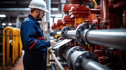 Worker supervisor in district heating plant doing quality control and inspection of pipes and valves.