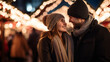 Couple Embracing at Christmas Market.  Christmas Market Magic. Young Love Under the Twinkling Lights