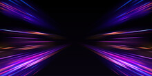 Neon Stripes In The Form Of Drill, Turns And Swirl. Illustration Of High Speed Concept.  Image Of Speed Motion On The Road. Abstract Background In Blue And Purple Neon Glow Colors.