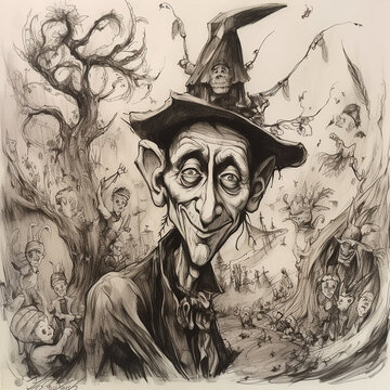 spirit goblin wizard sorcerer of a fairy forest, old man with a big nose and ears, mystical creature, unusual face, portrait, engraving style