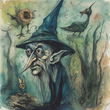 Spirit goblin wizard sorcerer of a fairy forest, old man with a big nose and ears, mystical creature, unusual face, portrait, watercolor style