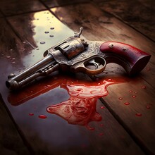 A Colt Pistol From 1876 Lying On A Wooden Floor In A Puddle Of Red Juice Professional Photography 