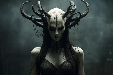 Wall Mural - Horror, fantasy, sci-fi, culture and religion, make-up concept. Evil and demonic looking woman with horns and make-up horror and fantasy portrait. Dark moody background. Generative AI