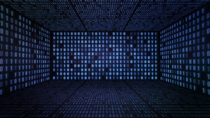 Binary code virtual studio background. 3D graphics rendering backdrop with technology and futuristic aesthetic. Ideal for live TV shows or events. A VR video loop, to use with green screen