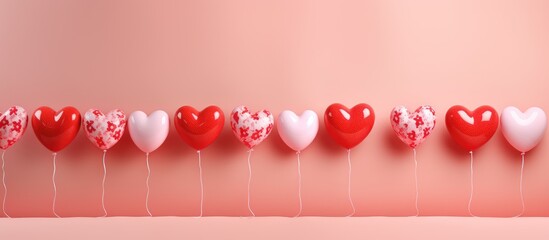 Poster - Valentine s day frame with heart shaped balloons on colorful background