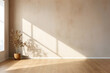 Modern beige Interior with geometrical sunlight, shadows and natural decor. Empty wall mockup