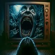 a 1985 dark fantasy horror film a tv screen bursting with screaming monsters connected to life support machines combined to screaming women opening in a Manhattan apartment livingroom hyper 