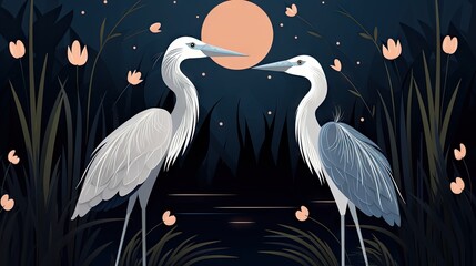 Sticker -  two white birds standing next to each other in a field.  generative ai