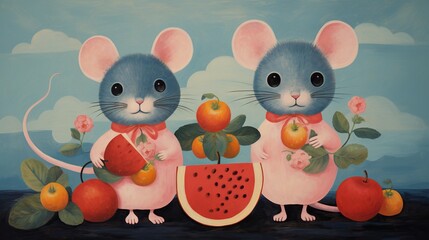 Poster -  a painting of two mouses holding a piece of fruit.  generative ai