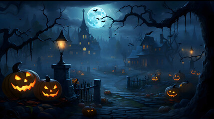 Wall Mural - Halloween background with Evil Pumpkin. Spooky scary dark Night forrest. Holiday event halloween banner background concept	