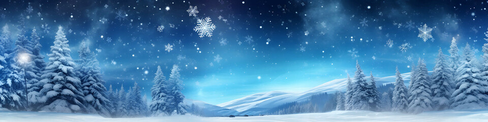 Wall Mural - Winter landscape with snowy fir trees and falling snowflakes. Panorama.