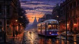 Fototapeta Londyn -  a painting of a trolley on a city street at night.  generative ai