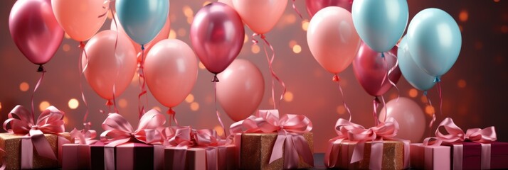 Canvas Print - Birthday balloons and gift boxes on a dark background, AI